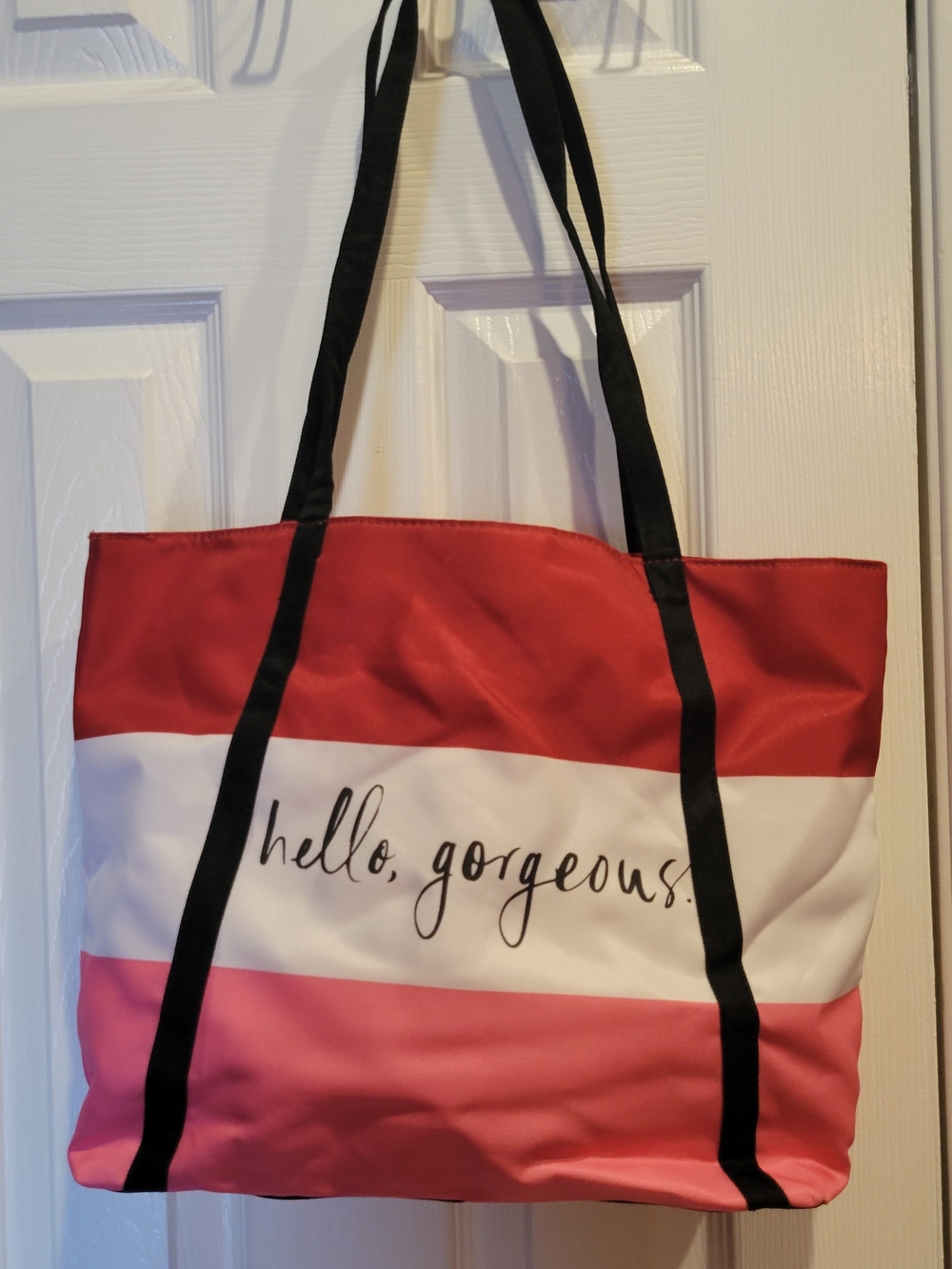 Hello Gorgeous Pink & Red Striped Tote Bag With Matching Cosmetic Bag